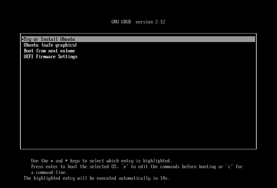 うまく起動できるとこのような画面が表示される。このまま放置すれば問題ないが、うまく起動できないようなら2行目の「Ubuntu (safe graphics)」を選ぼう
