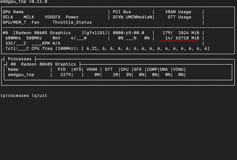 amdgpu_top --smiの実行結果。BIOSでVRAM 64GBとしているので、VRAM 63718MBとなっている