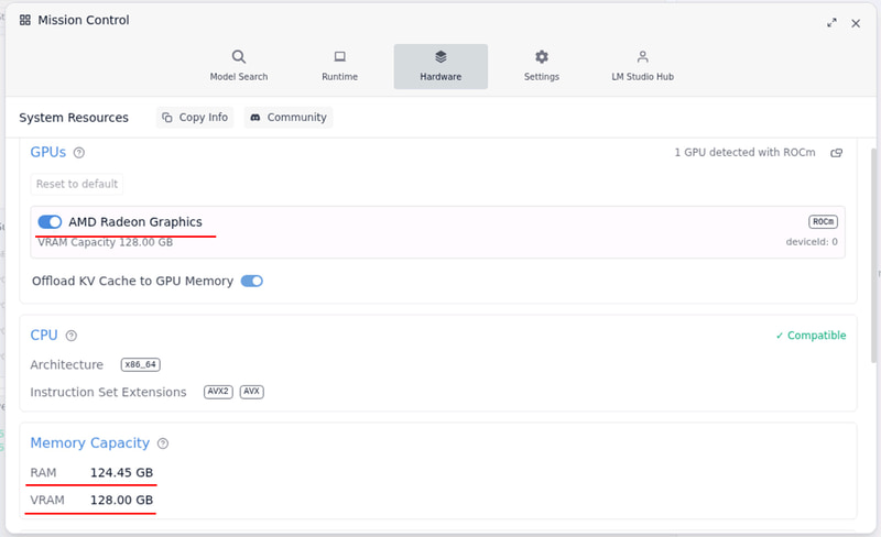 LM Studioの設定/ハードウェア。一応ROCmを認識。RAM 124.45GB、VRAM 128.00GBになっている
