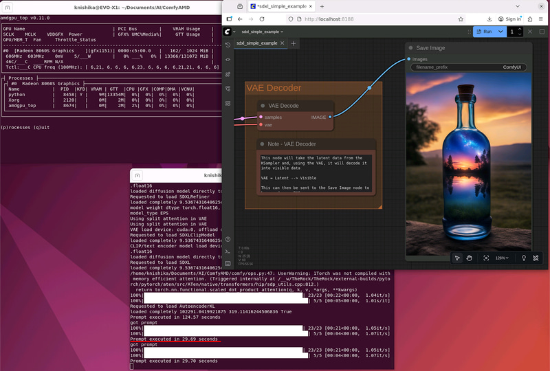 ROCmで作動中のComfyUI。SDXL/832x1,216px/28 steps(23 base + 5 refiner)で29秒