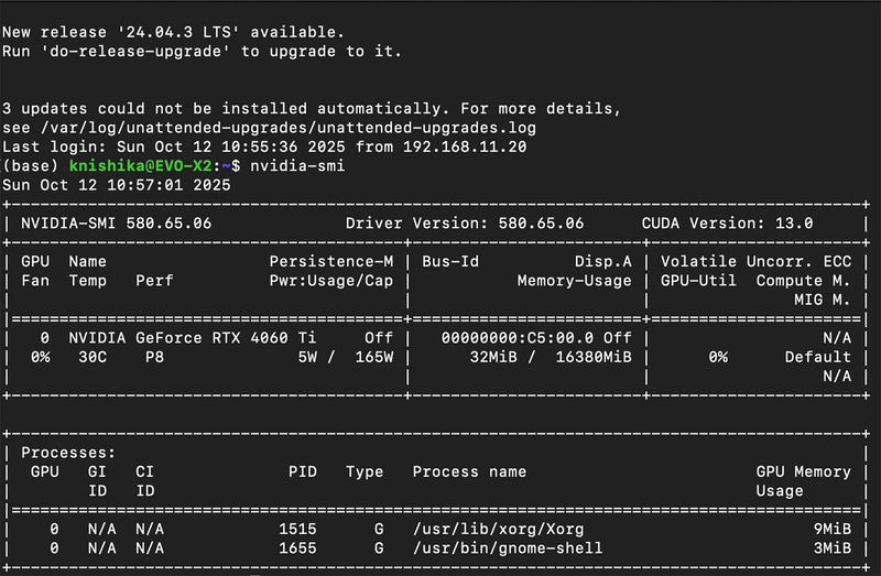 nvidia-smi。OCuLinkで接続したGeForce RTX 4060 Ti(16GB)を認識