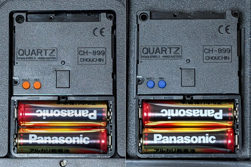 背面ムーブメントの拡大。左が「W820WHZ」、右がニトリWi-Fi時計。ボタンの色を除いてはまったく同じだ