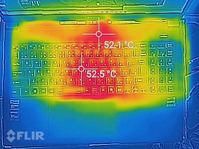 サイバーパンク2077動作開始から12時間後のサーモグラフィ。赤い部分は52度程度まで上がった