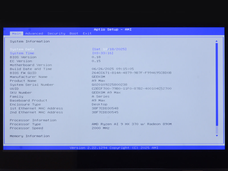 BIOS / Main。起動時[DEL]キーで表示