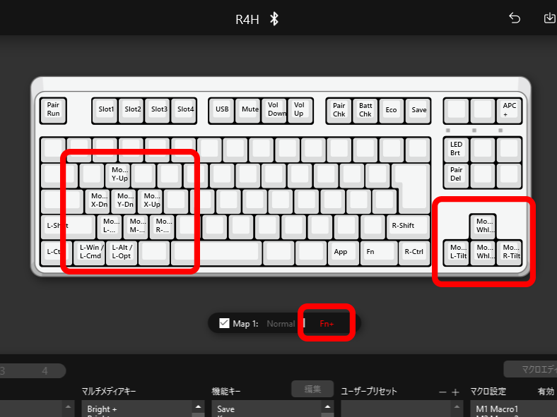 デフォルトでFnキー押下時のキーマップにマウス操作関連の機能がひと通り割り当てられている
