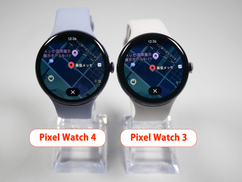 同じく45mmモデルのPixel Watch 4(左)とPixel Watch 3(右)の表示比較。ベゼルをより細くしたことに加え、ディスプレイがドーム型に盛り上がっていることで、画面表示がより大きく見えるようになった