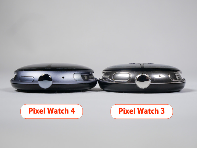 45mmモデルのPixel Watch 4(左)とPixel Watch 3(右)を側面から見たところ。見た目にはPixel Watch 3のほうがやや厚そうに見えるのだが、実際の差はそこまでではない