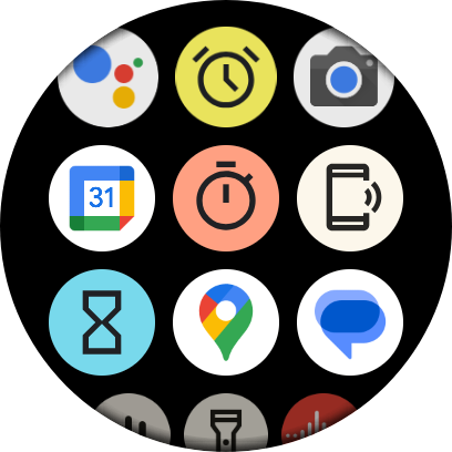 Pixel Watch 3のアプリ一覧画面。スクロールするとアイコンサイズがやや変化するものの、動きには乏しい