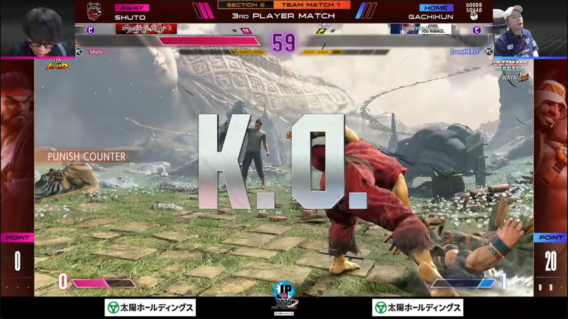 大将戦、ガチくんのラシードとShutoのリュウの1戦は、ほかのリュウと異なるShutoならではのリュウの動きでガチくんのラシードを3-1で撃破！ポイントは20-20となり、延長戦が発生する流れとなった