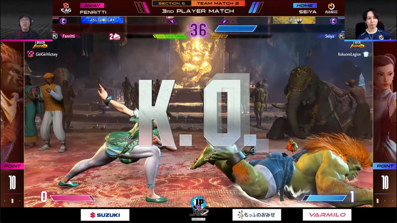 大将戦はSeiyaの春麗とフェンりっちのブランカの組み合わせ。Seiyaの春麗が好調で、フェンりっちのブランカを3-1で制してチームを勝利に導いた