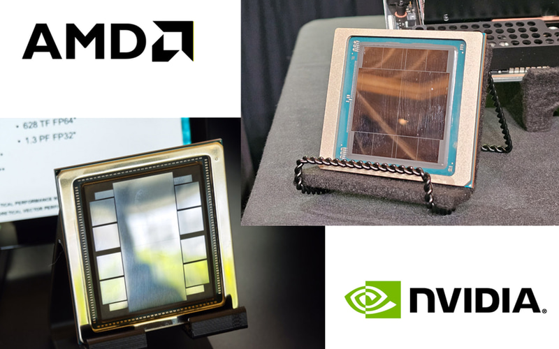 左がAMDのInstinct MI355X、右はNVIDIAのBlackwell(B200)