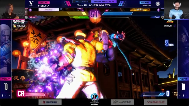 水派は2セット目からキャミィにキャラを変更して反撃を見せるが、ヤナイがギリギリのところで踏ん張りを見せ、3-2で大将戦を勝利！