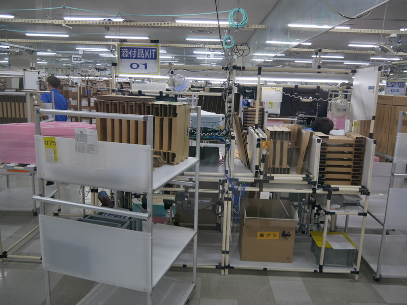 添付品のキットを用意するゾーン。必要な部材は10個単位で供給され、完成したキットは10個単位で搬送する