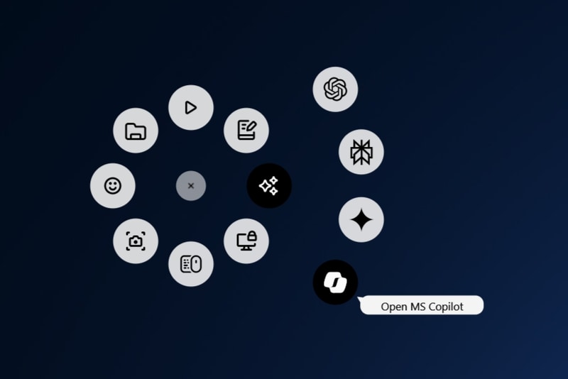 「触覚フィードバック センスパネル」を押すと、8つのショートカットが表示。デフォルト設定の「Explore AI」はフォルダ化されており、AIサービスが登録済み