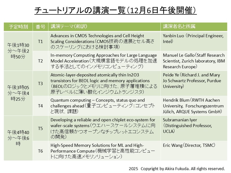 チュートリアル(技術講座)の講演一覧。公式webサイトから筆者がまとめたもの