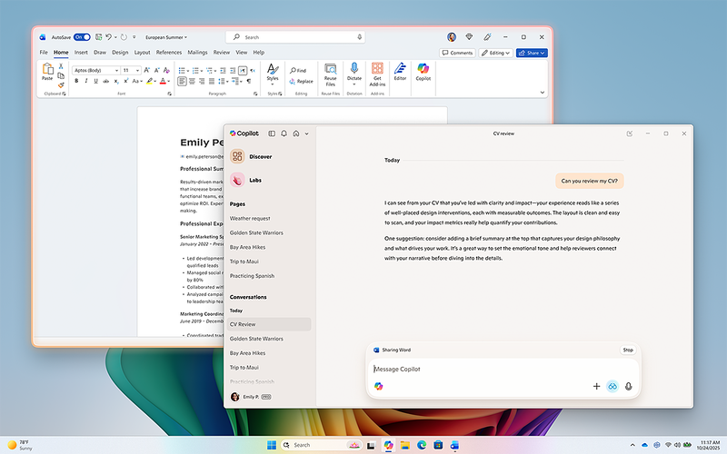 Copilotの返信もテキストでチャットウィンドウ内に表示される