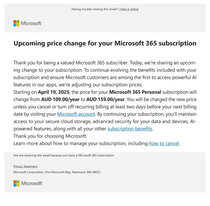 Microsoftから送られたという価格改定に関するメール(出典: ACCC)