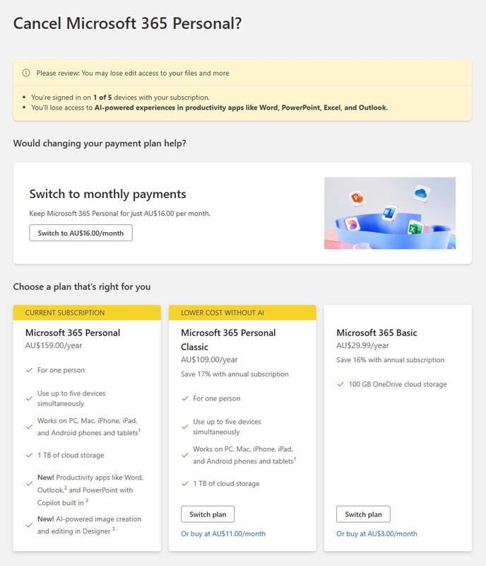 Classicプランは、解約手続き中のこの画面でしか確認できないと主張している(出典: ACCC)