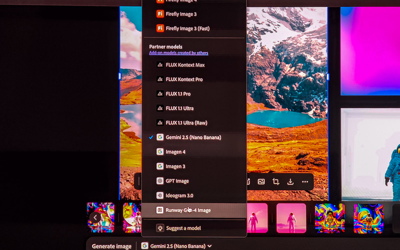 Firefly Webで、AIモデルとしてGemini 2.5 Flash Image(Nano Banana)を選択する様子