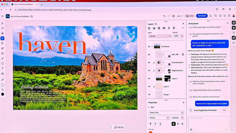今回AdobeはFireflyやCreative Cloudを便利にする生成AIの新しい機能を多数発表している、写真はPhotoshop Web版に実装されるエージェント型AIのAIアシスタント
