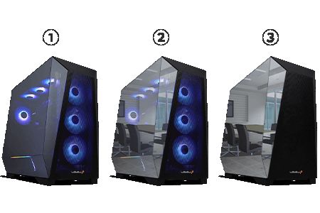 左から順に、暗所での電源オン状態、明所での電源オン状態、明所での電源オフ状態