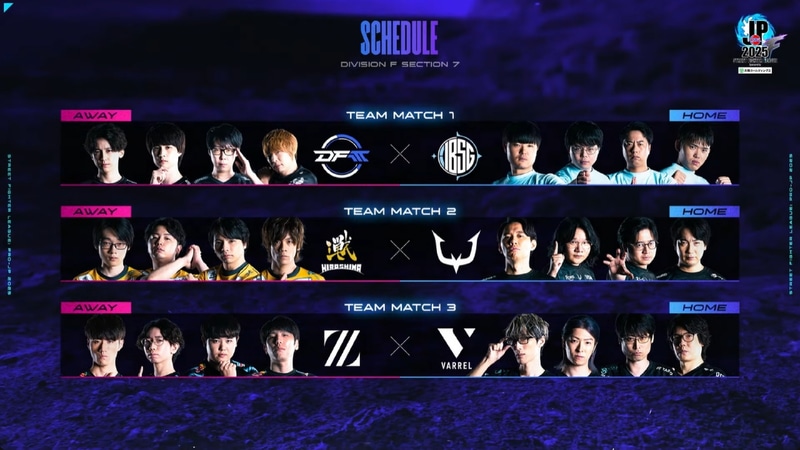 本日のDivision Fのマッチングは、MATCH1がDetonatioN FocusMe vs FUKUSHIMA IBUSHIGIN、MATCH2が広島TEAM iXA vs REJECT、MATCH3がZETA DIVISION Geekly vs VARRELの3試合
