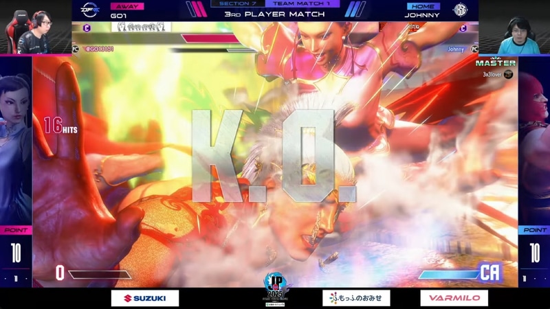 大将戦、ジョニィのマリーザとGO1の春麗の1戦だが、GO1はジョニィとの戦績があまりよくなく、特に対マリーザ戦は苦手だったと語っていたが、試合は3-2の接戦をGO1が制して勝利