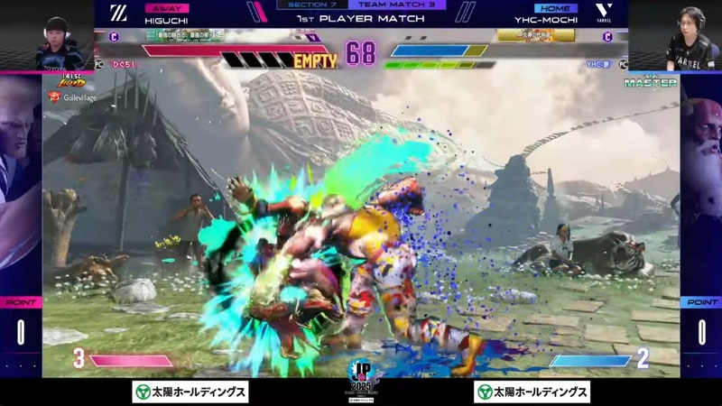 先鋒戦、YHC-餅のダルシムとひぐちのガイルの1戦は絶妙なラッシュ中段を要所で決める見事な立ち回りでひぐちのガイルが2-0で勝利