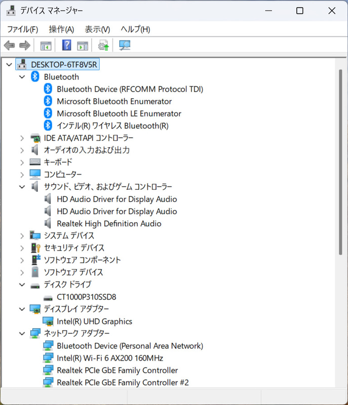 デバイスマネージャー/主要なデバイス。M.2 2280 1TB SSDはCrucialの「CT1000P310SSD8」。GbEはRealtek PCIe GbE Family Controller 2基、Wi-FiはIntel Wi-Fi6 AX200、BluetoothもIntel製