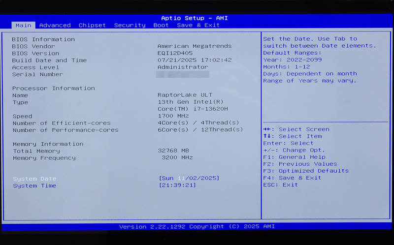 BIOS / Main。起動時[DEL]キーで表示