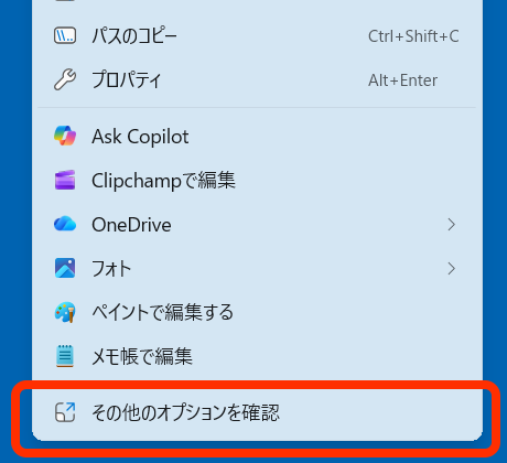 メニュー一番下の「その他のオプション」をクリック