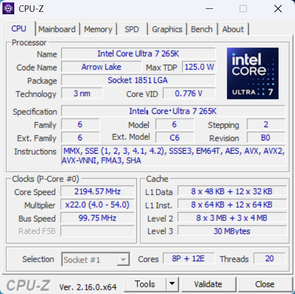 CPU-Zでの表示。20コア20スレッドのCore Ultra 7 265Kを採用する