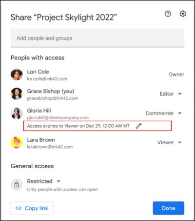 ファイルの共有権限が期限切れになると、親フォルダの共有権限に戻る