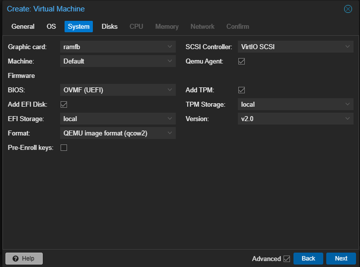 「System」のタブは画像のようにしておこう。特に「Graphics card」は、「ramfb」でなければ映らないので注意