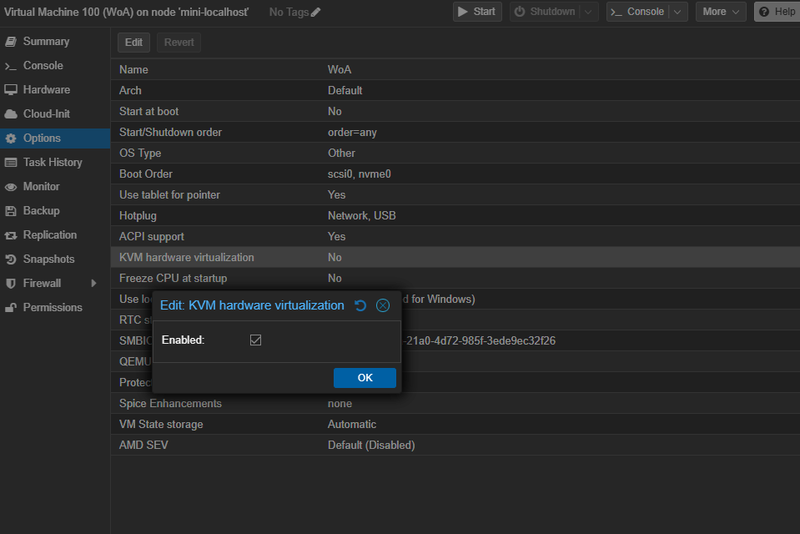 念のため「KVM hardware virtualization」がオンかどうか確認しておこう