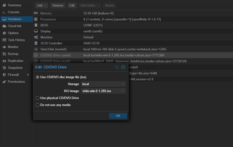 設定が終わったら、「Hardware」で1つSATAのCD/DVDドライブを追加しておき、VirtIOのドライバをマウントしておく