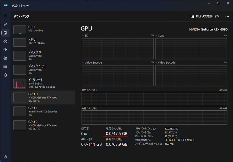 作動確認。タスクマネージャー