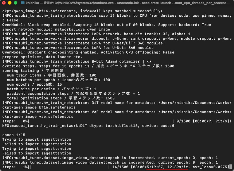 --fp8_base --fp8_scaled --blocks_to_swap 16あり。5時間19分