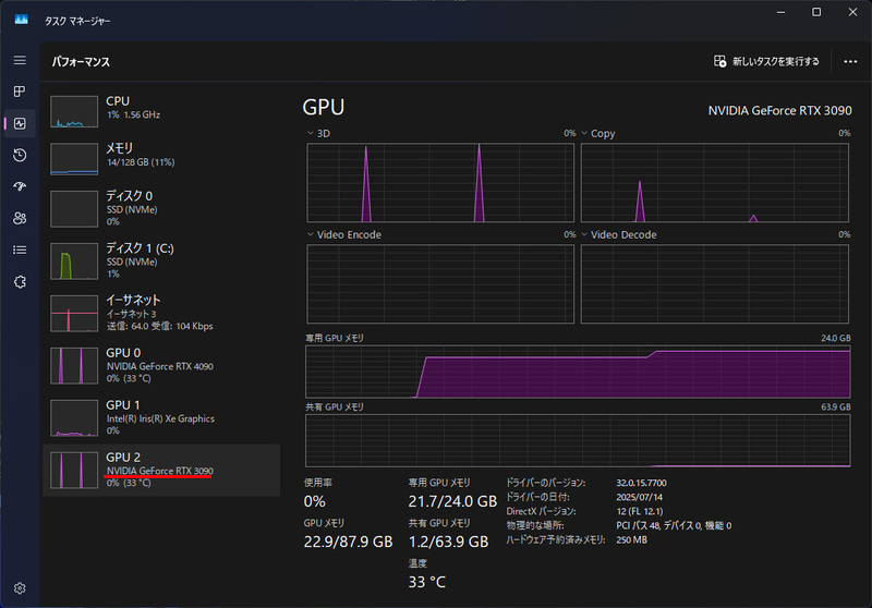 LM Studio / ロード後、GeForce RTX 3090は21.7GB使用