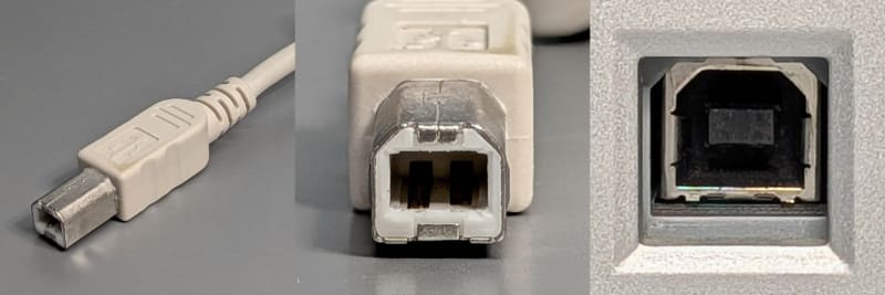 USB Standard B。データを受信する側(ダウンストリーム)に用いられる。最近は後述のUSB 3.1 Standard Bに取って代わられていることが多い(Type-Bで表記していることが多い)