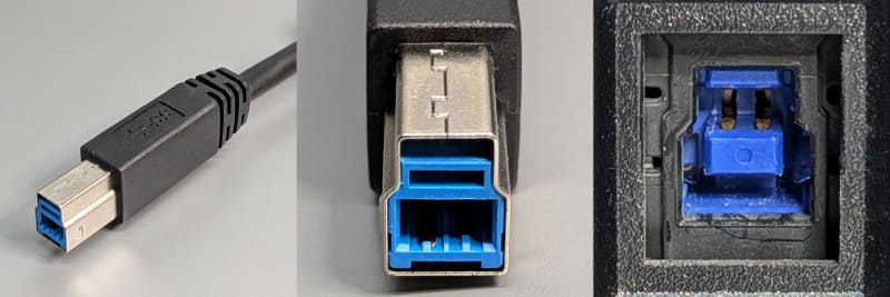 USB 3.1 Standard B。前述のUSB Standard Bの上位版で、スキャナやストレージに多く用いられる。ちなみにUSB Standard Bのコネクタも挿すことが可能
