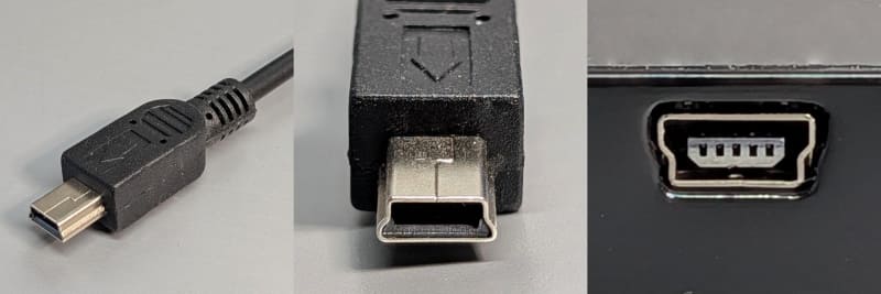 USB mini-B。USB Standard Bの小型版として、ガラケーなどに多く用いられていた。規格としては2006年に既に廃止されている(Mini USBとも表記)