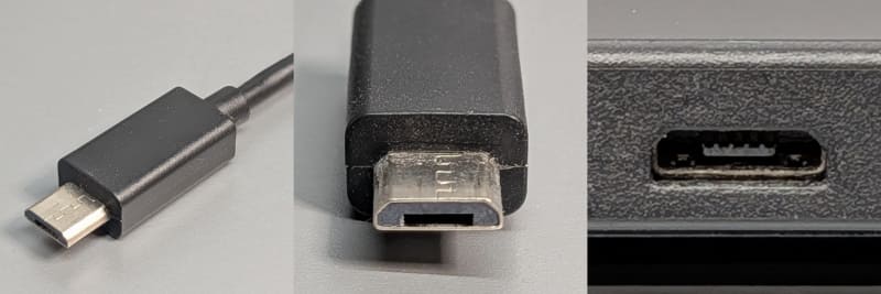 USB micro-B。USB mini-Bの小型版として、かつてはスマホなどでも多く用いられていた。数あるUSBのコネクタの中でも構造的にもっともひ弱と推測される(Micro USBとも表記)