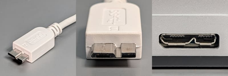 USB 3.1 micro-B。USB micro-Bを高速化したもので、ストレージなどで採用されていた。こちらもUSB Type-Cへの移行によって見かける機会は減りつつある