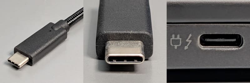 USB Type-C。現在主流のコネクタで、表裏のないリバーシブル形状が特徴。Thunderbolt 3以降がこのコネクタ形状を採用していることでも知られる