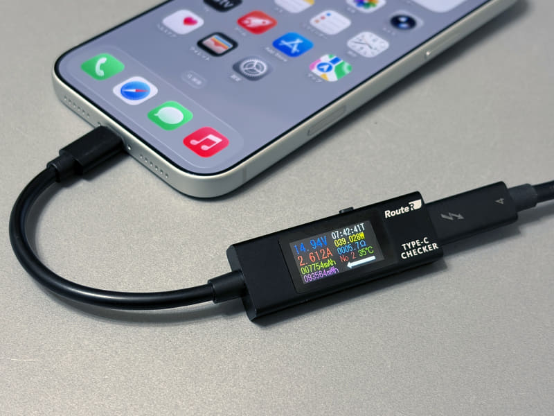 2025年9月に発売されたばかりの「iPhone 17 Pro Max」でも、充電のピークはおおむね38～40W(15V/2.6A)程度だ