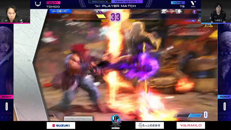 2セット目、tsの豪鬼の波動拳に絶妙のタイミングでOD昇竜拳を放ちKOを奪った瞬間。ときど自身も意識はしていたが、ウメハラのアドバイスが適切だったことを強調した