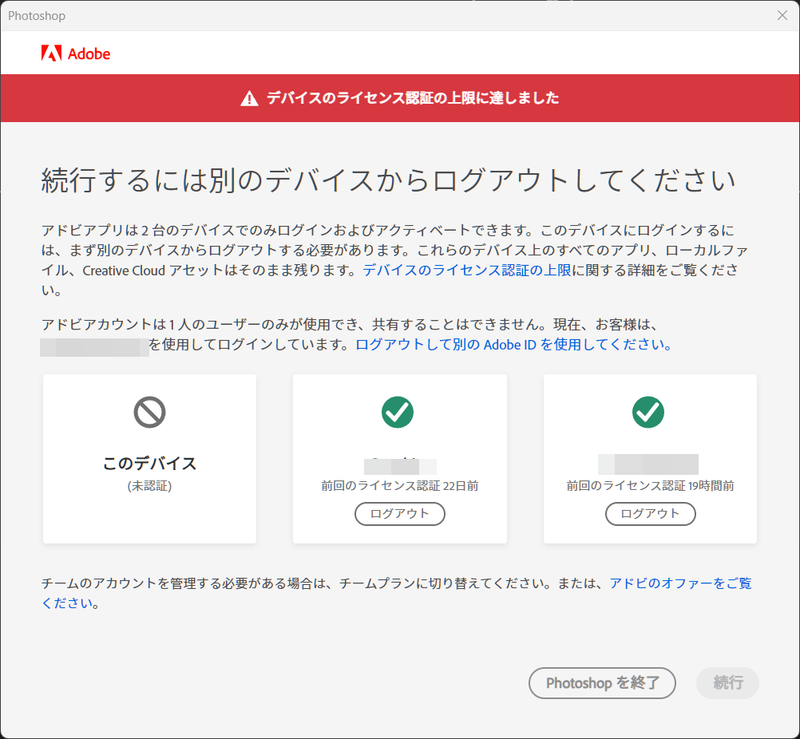3台目でPhotoshopを使おうとすると1回ライセンス認証を挟み、どれかライセンスを取り消さなければならない。まあ、これが「どのマシンでもできる」というだけありがたいのだが(昔のPhotoshopはインストールしたマシンでライセンス解除するのが前提)