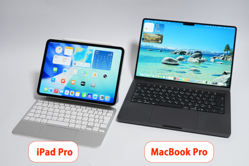「11インチiPad Pro(M5)」(左、※キーボードとペンは別売り)と「14インチMacBook Pro(M5)」(右)