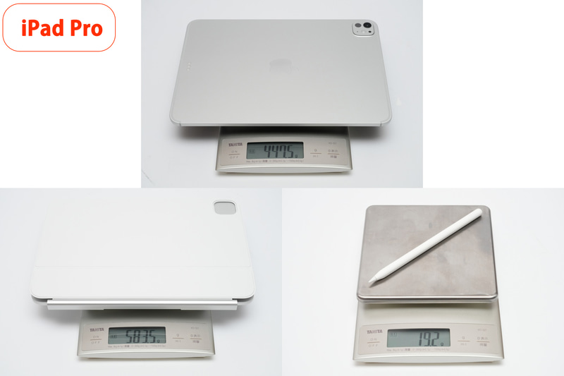 実測質量は「11インチiPad Pro(M5)」が447.5g、「iPad Pro用Magic Keyboard」が583.5g、「Apple Pencil Pro」が19.2gで合計1,050.2g、「14インチMacBook Pro(M5)」が1,535g
